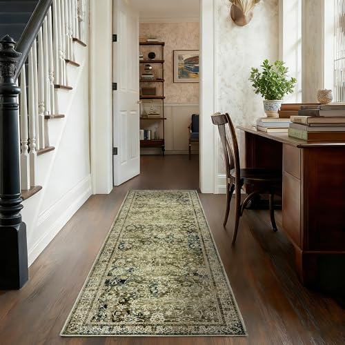 Boho Washable Runner Rug for Kitchen,Non Slip Rubber Backing Non Skid Oriental Floral Vintage Long Carpet Runners for Hallway Entryway Indoor Doormat Bedroom,2x6 6ft,Moss Olive Green Beige - color: Olive&tan, size: 2' x 6' (Rectangular)