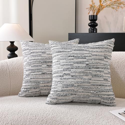 Striped Throw Pillow Covers 18x18 Set of 2 Gray Textured Boucle Chic Morden Boho Accent Farmhouse Decorative Chenille Pillow Covers for Home Decor Bed Sofa Living Room - color: Gray, size: 18" x 18" (Pack of 2)
