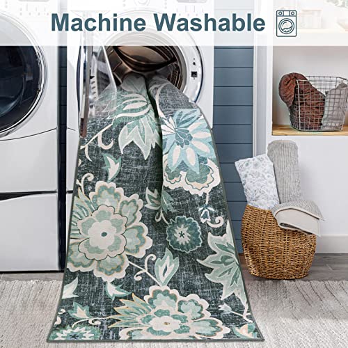 Beeiva Floral Entry Rugs for Inside House,2x3 Non Slip Washable Kitchen Rug Front Door Mat, Ultra Thin Doormat Non-Shedding Throw Carpet for Bedroom Bathroom (Blue,2'x3') - color: Blue, size: 2' x 3' (Rectangular)