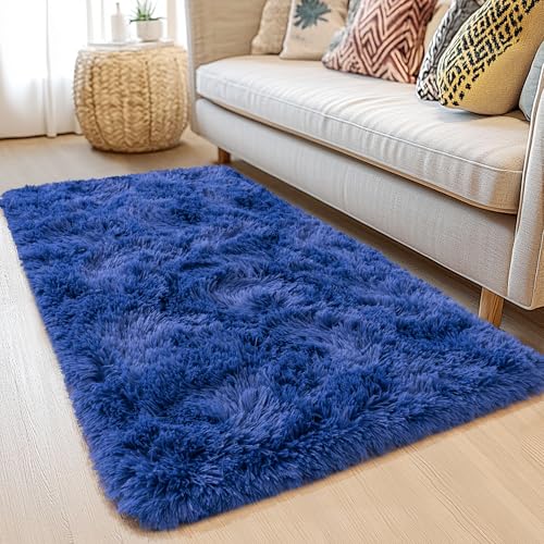 Awaytail Dark Blue Rug 2x3 - Small Rugs for Living Room Height Pile 1.4" Plush - Fuzzy Throw Rugs for Bedroom - Navy Blue - color: Navy Blue, size: 2' x 3' (Rectangular)