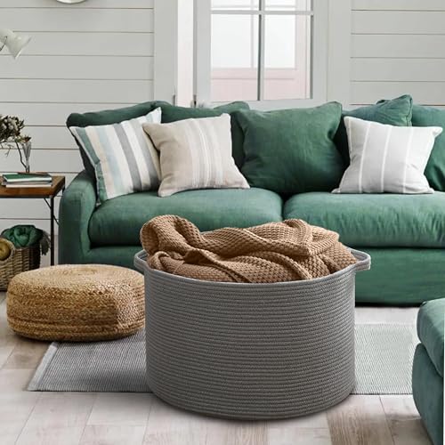 MEGASKET Large Dark Grey Storage Basket, Woven Cotton Rope Baskets for Storage, Big Blanket Organizer Storage Basket for Living Room, Kids Room Toy Storage Organizer Box, Blanket Keeper (22"x14") - color: Dark Gray, size: 22"x22"x14"