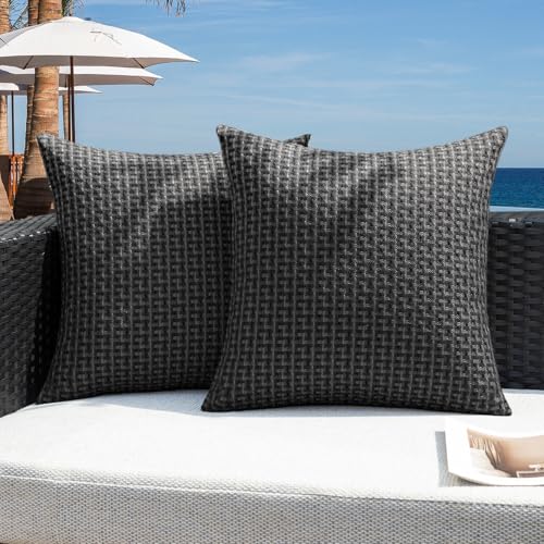 Kevin Textile Outdoor Waterproof Throw Pillow Covers Pack of 2 Farmhouse Decorative Cushion Covers for Garden Patio Tent Balcony Bench Couch Sofa 16x16 Inch, Black - color: Black, size: 16" x 16" (Pack of 2)