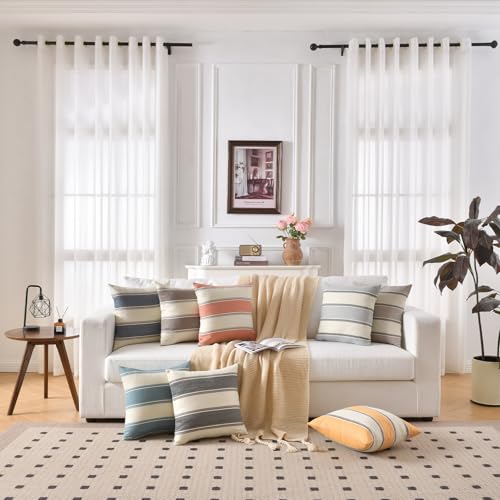 AmHoo Pack of 2 Farmhouse Linen Throw Pillow Cover Cushion Stripe Decoration Buffalo Retro Pillowcase with Hidden Zipper for Sofa Bedroom Car 22 x 22 Inch Yellow - color: Yellow, size: 22" x 22" (Pack of 2)