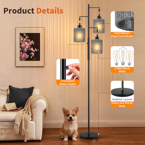 Hotsonic 72" Tall Boho Rattan Style Floor Lamp with Hand-Woven Paper Cord Shade, Dimmable Industrial Tree Standing Lamp for Living Room, Bedroom, Study Room, Office (3 x 800LM Bulbs Included) - Black - color: Black+Gray