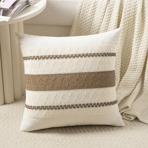 Fancy Homi Set of 2 Boho Light Brown Decorative Throw Pillow Cover 16x16 Inch for Couch Bed Sofa, Aesthetic Modern Organic Farmhouse Home Decor, Soft Cotton Cute Accent Macrame Woven Cushion Case - color: Light Brown, size: 16" x 16" (Pack of 2)