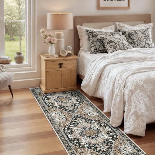 2x6 Black Boho Runner Rug - Washable Non-Slip Low Pile Hallway & Kitchen Rug - Stain Resistant Pet & Kids Friendly Carpet for Bedroom Side, Laundry, Bathroom, Foldable Long Floor Mat, Black Multi - color: Black & Multi, size: 2' x 6' (Runner)