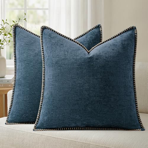 a moment Pack of 2 Decorative Chenille Throw Pillow Covers with Twill Cushion Covers for Sofa Living Room Couch Bed 16x16 Inch,Crafted Border Blue - color: 1.crafted Border Blue, size: 16" x 16" (Pack of 2)