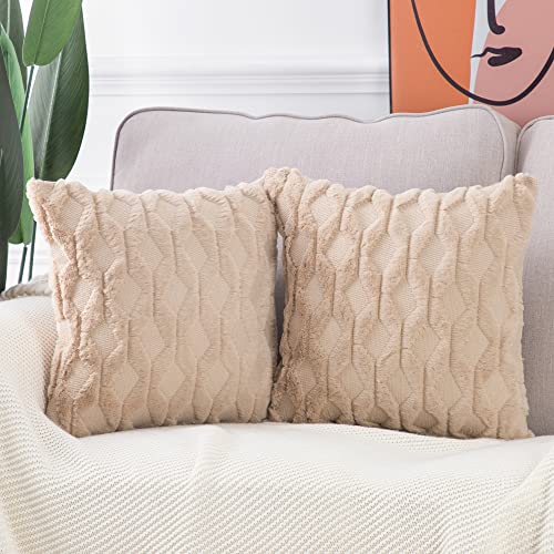 MADIZZ Set of 2 Soft Polyester Short Wool Velvet Decorative Throw Pillow Covers 24x24 inch Khaki Square Luxury Style Cushion Cases European Pillow Shell for Sofa Bedroom - color: Khaki, size: 24" x 24" (Pack of 2)