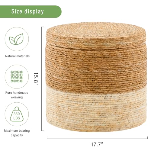 Wimarsbon 18'' Ottoman Pouf, Natural Braided Poof, Rustic Handweave Lounge Pouffe, Boho Footrest Stool for Bedroom, Accent Table for Living Room (Stoage - 18inch Cattail+Beige Corn Husk L) - color: Stoage - 18inch Cattail+beige Corn Husk L