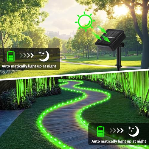 LairtPOW Solar Rope Lights, 39FT 100LEDs Outdoor Solar Strip Lights,IP65 Waterproof Outdoor Led String Lights with 8 Lighting Modes for Garden Yard Christmas Holiday Palm Tree Decoration (Green) - color: Green, size: 100 LED