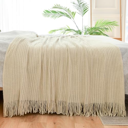 Blagic Knitted Throw Blanket for Couch,Soft Farmhouse Boho Fall Throw Blanket with Tassels,Home Decorative Lightweight, Beige Throws for Bed/Chair/Sofa, 50" W x 60" L - color: D-beige, size: 50 × 60 in