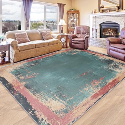 Area Rug 3x4, Vintage Distressed Rug, Worn Antique Carpet, Washable Abstract Faded Rugs for Living Room, Bedroom, Dining Room, Office, Non-Slip, Pet-Friendly, 3 x 4 ft - color: Teal and Rust, size: 3 x 4 ft