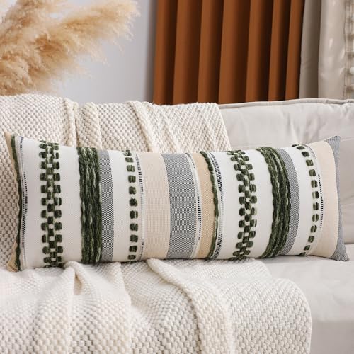 Dark Green Boho Lumbar Throw Pillow Cover 14x36 Long Body Lumbar Decorative Pillow Case Accent Chenille Striped Pillowcase Farmhouse Cushion Case for Home Decor (1 Piece) - color: Dark Green Stripe, size: 36" x 14" (Pack of 1)