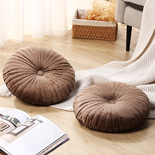 Namalu 2 Pcs Round Throw Pillow 13.8 Inch Decorative Round Velvet Floor Pillows Pumpkin Throw Pillows with Center Button for Thanksgiving Home Decor Living Room Sofa Couch Bed Chair (Coffee) - color: Coffee