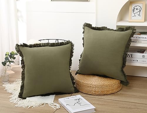 NUYECY Set of 2 Natural Linen Fringed Throw Pillow Covers,Olive Green Neutral Decorative Pillowcase with Chic Tassel Burlap Boho Large Cushion Covers for Couch Sofa Farmhouse,24x24 inches - color: Olive Green, size: 24" x 24" (Pack of 2)