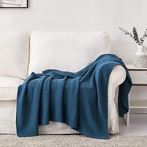 Longhui bedding 100% Cotton Knitted Throw Blanket – Blue, Soft & Cozy, Machine Washable, 51"x63" – Perfect for Living Room, Couch, Sofa, Bed or Travel - color: Blue, size: 51" x 63", Standard