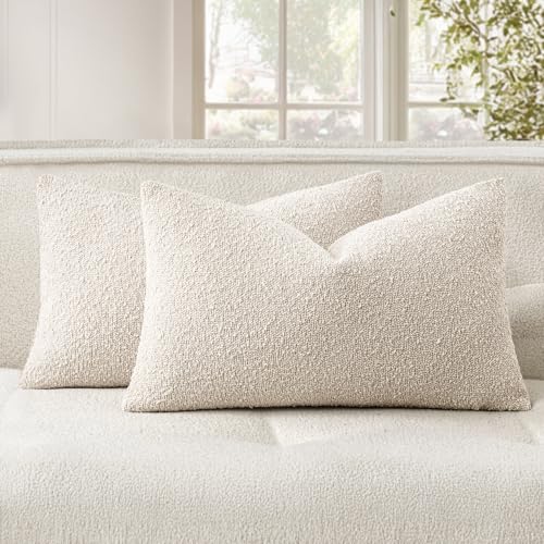 Pack of 2 12x20 Inch Decorative Boucle Throw Pillow Covers Textured Lumbar Pillowcaes Accent Solid Cozy Soft Cushion Covers Home Decor for Sofa Couch Living Room Home Decor,Natural Beige - color: Natural Beige, size: 20" x 12" (Pack of 2)