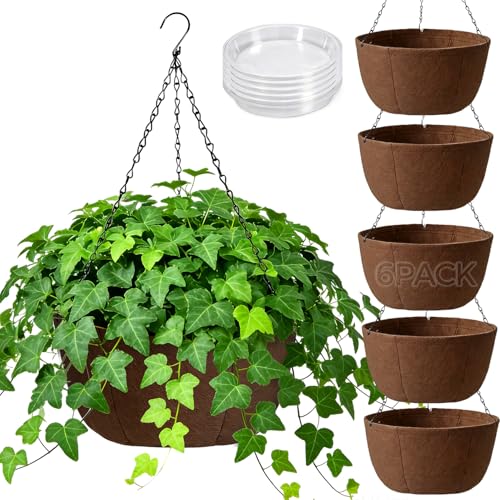 T4U Hanging Planters for Outdoor Plants, 10 Inch 6 Pack Fabric Hanging Baskets with Drainage Tray, Decorative Hanging Pots for Plants Outdoor Patio Porch Garden Use（Brown） - size: 10 Inch, 6-Pack