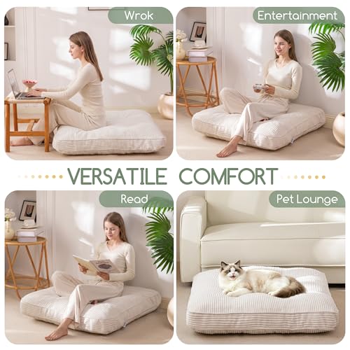 HIGOGOGO 35" Floor Pillow Cushion for Adults, Meditation Cushion Pillow, Extra Large Square Floor Sitting, Tufted Corduroy Cover for Tatami Living Room or Yoga, Beige - color: Beige, size: 4" Thick Square