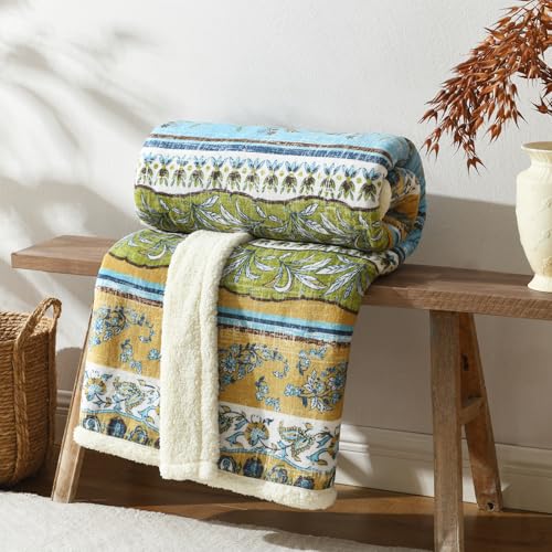 Boho Chic Sherpa Throw Blanket - Vibrant Bohemian Print & Ultra-Soft Cozy Lining, Stylish & Warm Winter Throw for Couch, Bed, or Décor - color: Boho-olive Green, size: 60" x 80"