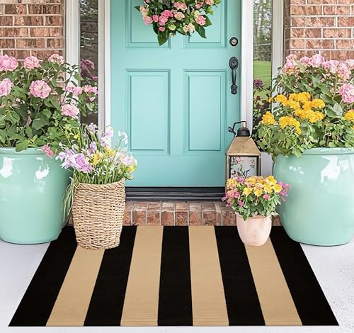 Black and Tan Layered Doormat,2x3 ft Striped Small Outdoor Rug Cotton Woven Washable Farmhouse Layered Door Mats for Entryway/Porch Decor/Kitchen/Home Entrance - color: Black Tan, size: 2' x 3' (Rectangular)