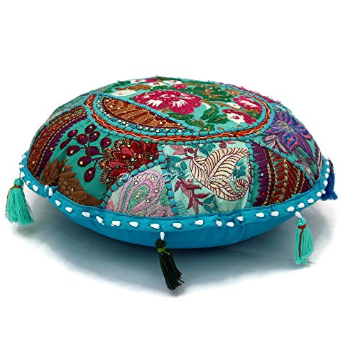Round Traditional Floor Pillow Adult Bohemian Turquoise Blue 18 Inch Patchwork Living Room Pouf Ottoman Home Decor Embroidered Vintage Cotton Indian Floor Cushion for Kids 45 cm