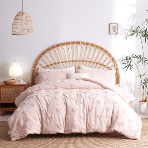 Boho Tufted Comforter Set Queen Size Pink Heart Tufted Textured Bedding Set 3 Pieces Farmhouse Shabby Chic Embroidery Bed Set Soft Jacquard Comforter for All Season with 2 Pillowcases - color: Pink Heart, size: Queen (90"x90")