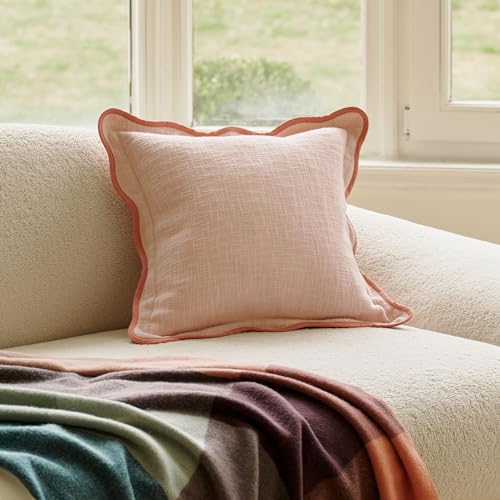 Double Stitch Scalloped Throw Pillow Covers - 100% Cotton Decorative Boho Pillow Covers 20 x 20, Made in India, Square Cushion Case, Modern Home Decor for Couch Sofa Living Room, Shell Pink - color: Shell Pink, size: 20" x 20" (Pack of 1)