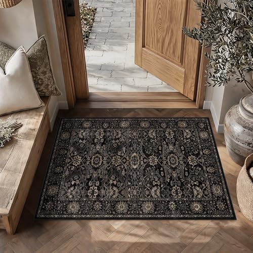 2x3 Entryway Rug Black Gold Washable Rugs for Entryway Kitchen Low Pile Non-Slip Door Mat Traditional Distressed Small Carpet for Kitchen Entrance Bathroom - color: Black Gold, size: 2'*3'(Rectangular)