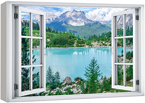 wall26 Canvas Print Wall Art Window View Colorado Forest Lake Mountain Range Wilderness Nature Photography Realism Scenic Landscape Colorful Multicolor for Living Room, Bedroom, Office - 12"x18" - color: A40-2204-slm14, size: 18"L x 12"W