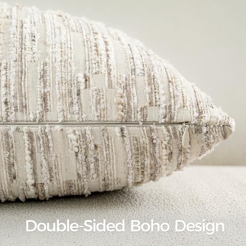 a moment Boho Throw Pillow Covers Set of 2,Striped Decorative Rustic Farmhouse Pillow Cases,Aesthetic Modern Home Decor Couch Cushion Covers for Bed Sofa Living Room 20"X20" Beige - color: Beige, size: 20" x 20" (Pack of 2)