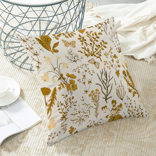 AEIOAE Summer Pillow Covers 16x16 Inch Set of 2,Mustard Yellow Wild Flower Plant Throw Pillows Case,Seasonal Floral Outdoor Decorative Square Linen Farmhouse Decor Cushion Covers for Home Couch - color: Mustard Yellow Wild Floral, size: 16" x 16" (Pack of