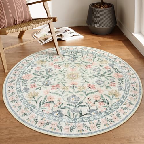 Lahome Sylvie Round Boho Floral Rugs 4ft, Cream Washable Circle Rugs for Bedroom Nursery, Vintage Beige Circular Carpet, Soft Non-Slip Carpet for Kids Room Playroom Calm Corner, Beige - color: Beige, size: 4' (Round)