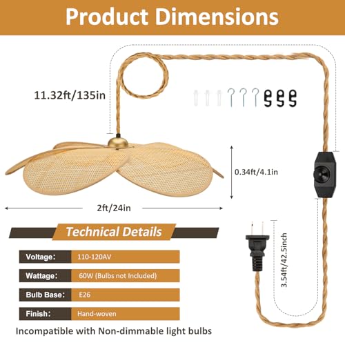Bamboo Plug in Pendant Light, 24 Inch Flower Handwoven Rattan Lampshade Stepless Dimmable Boho Chandelier, 11.3 ft Plug in Hanging Lamp for Hallway Kitchen Island Dining Room Bedroom(Not Bulb)