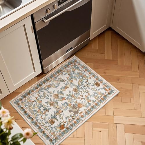 jinchan Eden Floral Area Rug 2x3 Entryway Vintage Washable Indoor Doormat Accent Rug Lightweight Soft Small Non-Slip Low-Profile Distressed Orange Fall Decor Carpet for Kitchen Bedroom Bathroom - color: Eden Orange, size: 2' x 3' (Rectangular)