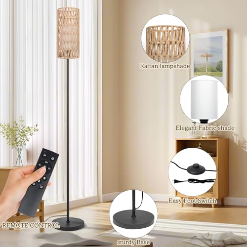 Ruiever Floor Lamp for Living Room,Farmhouse Floor lamp,Modern Standing lamp with Hand-Worked Rattan Shade (Double Shade-with Remote) - style: Double Shade-with Remote