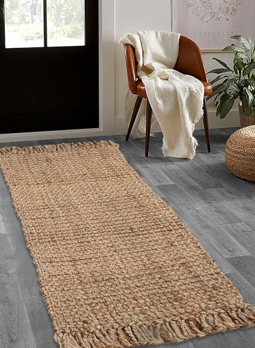 Hand Woven Chunky Jute Runner Rug 2.5x8 Feet Natural, Large Farmhouse Reversible Neutral Hign Knot Textured Floor Mat for Living Room, Hallway, Kitchen | Decorative Rustic Patio Carpet for Bedroom - size: 2.5'x8'