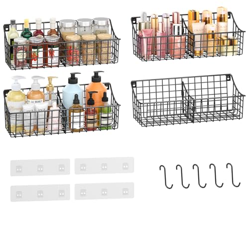 4 Pack EXTRA LARGE Hanging Wall Mount Storage Baskets With Divider, Metal Wire Basket With 4 Strong Adhesive Hooks +5 S Hooks,Organizing Wall Shelf for Home Kitchen Bathroom Pantry Garage RV, Black - size: 16.14''L x 6.06''Wx 5.91'' H- With Divider-4Pack