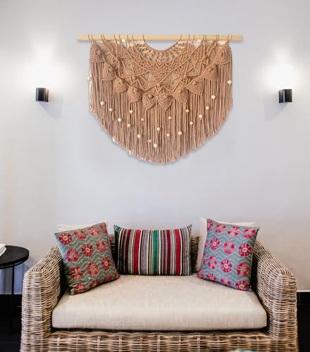 Youngeast Large Macrame Wall Hanging Boho Beaded Curtain for Window Macrame Bedroom Headboard Living Room Wall Art Tassel Tapestry Bohemian Woven Wall Decor 31" W X 25" H (Khaki) - color: Khaki