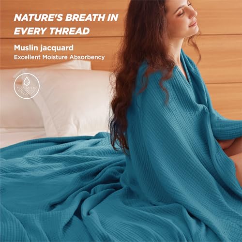Bedsure 100% Cotton Muslin Throw Blanket Twin XL for Bed - 4-Layer Breathable and Lightweight Soft Gauze Muslin Blankets for Adults, PureWoven Thin Summer Blanket for College Dorm, Teal, 66x90 Inches - color: 01 - Teal, size: Twin XL (66" X 90")