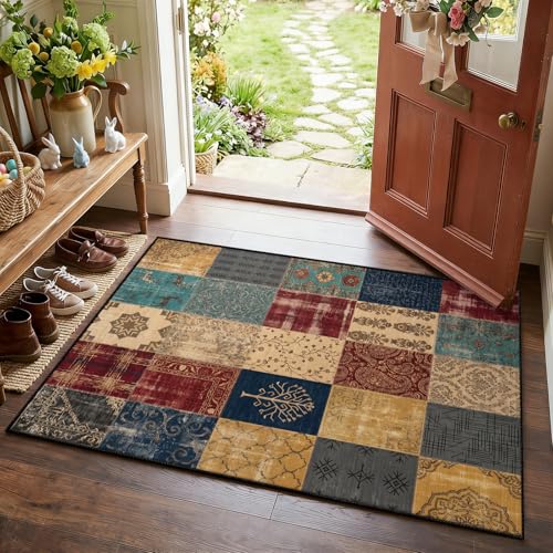 Vintage Boho Area Rugs for Living Room 2x3ft Distressed Geometric Rug, Bohemian Multi-Color Patchwork Rug, Retro Ethnic Rugs Non-Slip Washable Carpet for Bedroom Farmhouse Decor - color: Multi-color Patchwork, size: 2' x 3' (Rectangular)