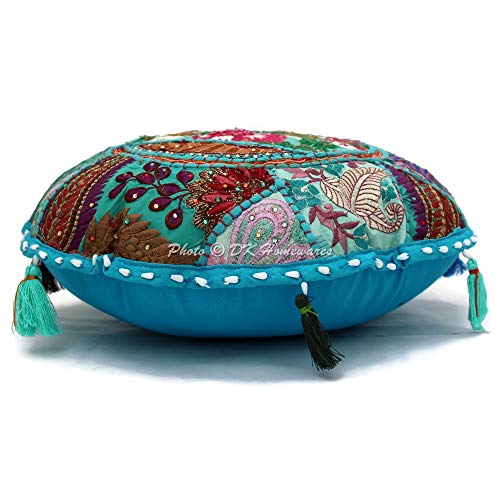 Round Traditional Floor Pillow Adult Bohemian Turquoise Blue 18 Inch Patchwork Living Room Pouf Ottoman Home Decor Embroidered Vintage Cotton Indian Floor Cushion for Kids 45 cm