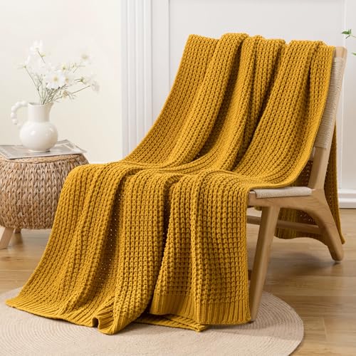 Bunnikins & Clover Knitted Waffle Throw Blanket 50x60 Inches, Mustard Yellow Throw Blanket for Couch, Soft Cozy Chenille Knit Blanket Warm Decorative Throw for Sofa - color: Mustard, size: 50"x60"