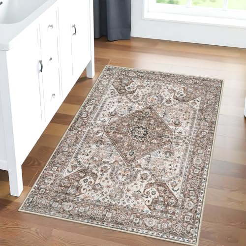 Washable 2x3 Entryway Area Rug: Vintage Non-Slip Backing Rugs for Kitchen Bathroom Water Resistant Carpet for Bedroom Soft Low Pile Front Door Mat for Dining Room 2x3 Brown - color: Brown, size: 2' x 3' (Rectangular)