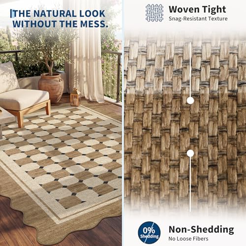 Garvee Scalloped Easy Jute Runner 2x6 Kitchen Runner Rug, Washable Rugs for Entryway Non Slip Outdoor Indoor Jute Hallway Rug, Farmhouse Morden Carpet for Entry Bedroom Laundry 2'x6' - color: Checkered|jute, size: 2' x 6' (Runner)