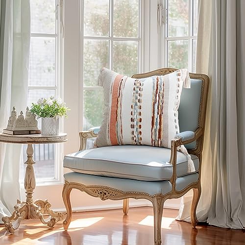 decorUhome Boho Decorative Throw Pillow Covers 18x18 Set of 2, Striped Chenille Tufted Pillow Covers with Tassels for Couch Bed Sofa, Cream White and Orange - color: Cream White and Orange