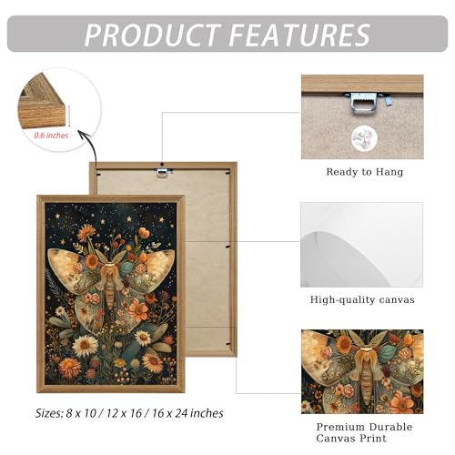 ICHZUMW Dark Cottagecore Room Decor, William Morris Moth Floral Print, Boho Witchy Mystical Home Decor, Goblincore Botanical Wall Art, Dark Academia Canvas for Bathroom Bedroom, 12x16in - color: Moth, size: 16"L x 12"W