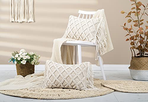 Macrame Lumbar Pillow Cover-Set of 2 Decorative Thorw Pillowcase Boho Tassel Cushion Covers for Sofa Couch Chair Farmhouse Home Decor 12X18 INCH - color: A