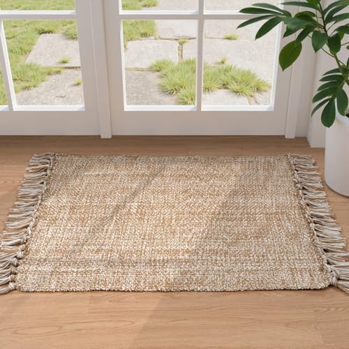 Collive Small Bathroom Rug, 2' x 3' Hand-Woven Low Profile Front Entryway Rug, Tan Cotton Reversible Washable Kitchen Mat Modern Farmhouse Carpet for Foyer Bedroom Back Door Decor - color: Tan/Cream, size: 2' x 3' (Rectangular)