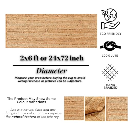 Hand Woven Jute Area Rug - 2' x 6' Feet - Rustic Beige Reversible Rectangular Rugs for Bedroom, Kitchen, Living Room - Vintage Natural Braided Entry Floor Décor Boho Jute Rug 24 X72 Inches - color: Natural, size: 2' x 6' (Rectangular)